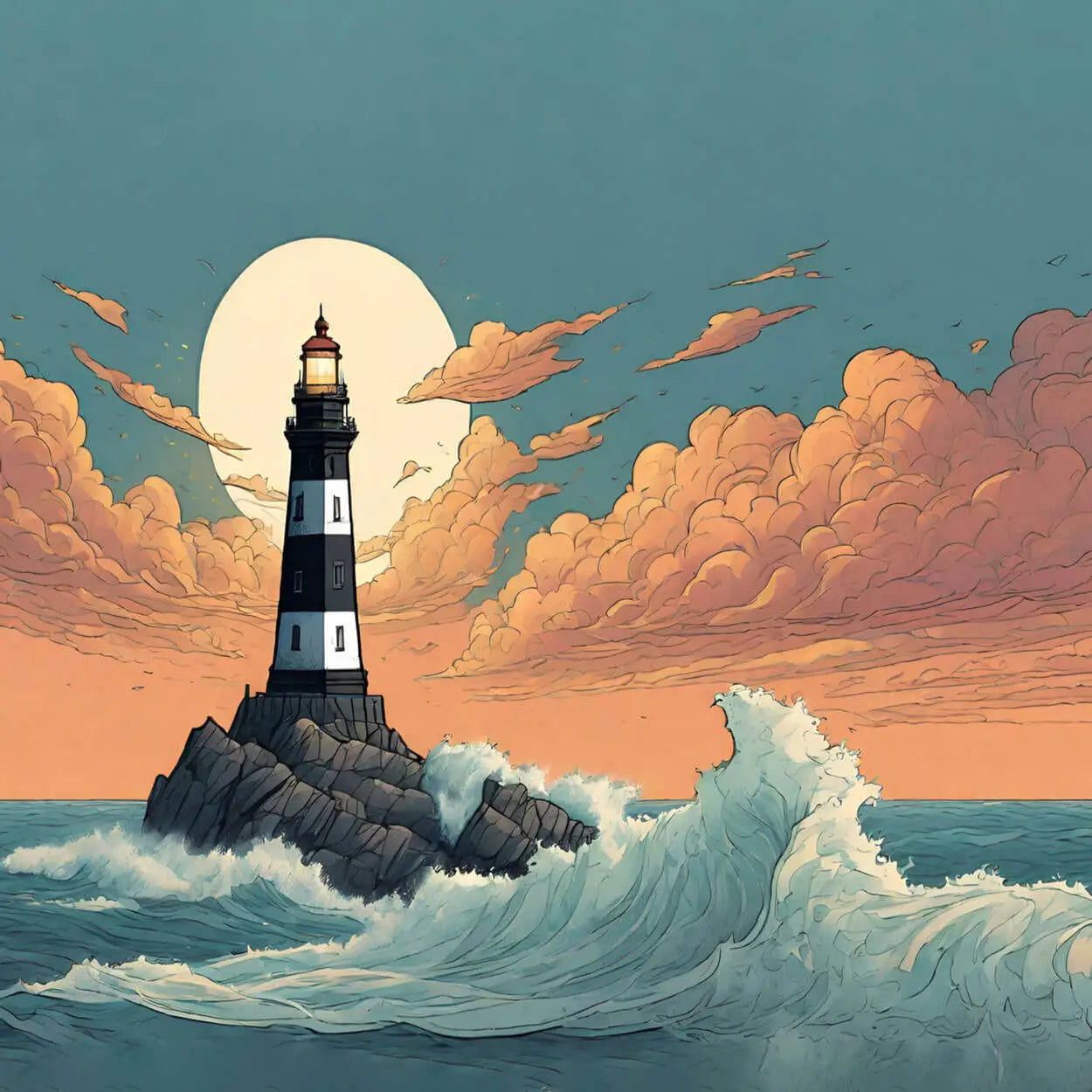 Image de couverture, représente un phare avec l'océan déchaîné 